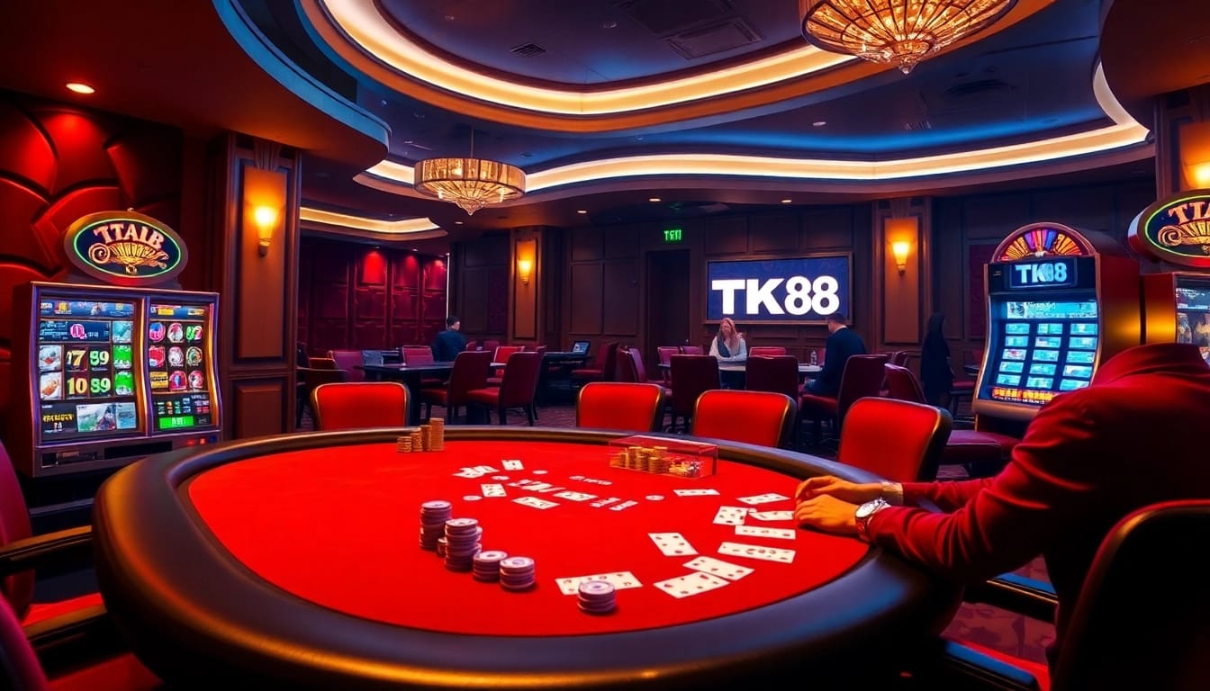 Experience the excitement of gambling at TK88 with vibrant poker tables and illuminated slot machines.