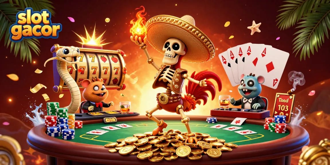 Slot gacor menampilkan karakter kartun 3D yang meriah di kasino dengan tumpukan koin emas dan simbol buah.