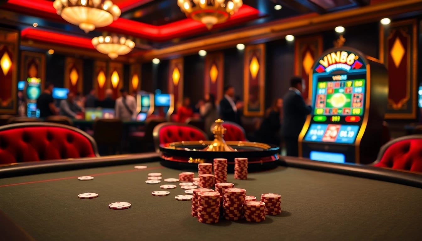 Experience the thrilling atmosphere at vin88 casino with vibrant poker chips and roulette wheels.