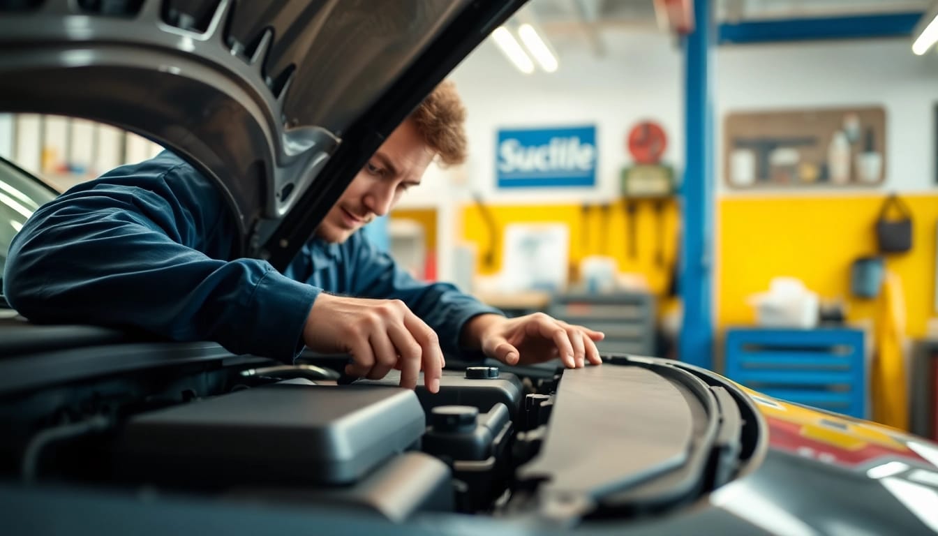 Engaging auto repair near me scene with a mechanic working on a car's engine in a bright shop.