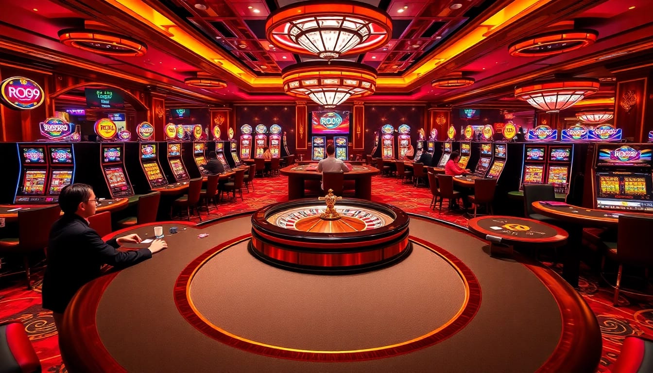Players engaging in high-stakes poker at a vibrant Roo99 themed casino table.