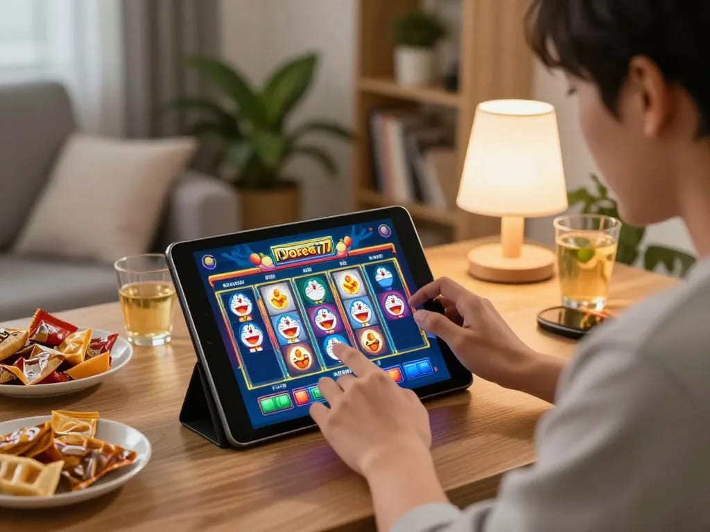 Engaging BUKA77 slot game session on a tablet in a cozy living room.