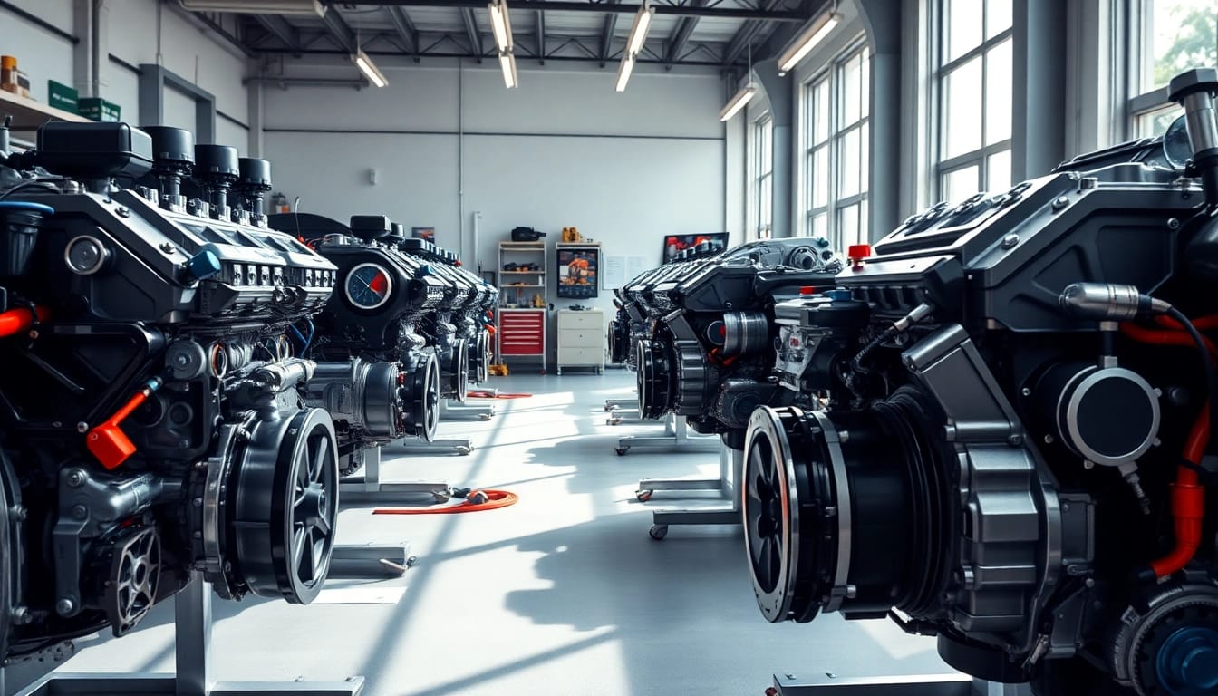 Discovering Approved Engines in a modern automotive workshop with intricate details.