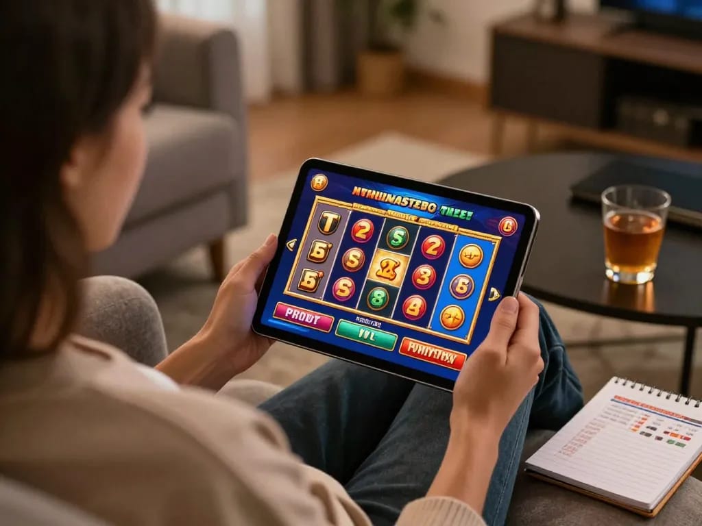 torxentertainment user engaging in a colorful online slot game on a tablet in a cozy living room.