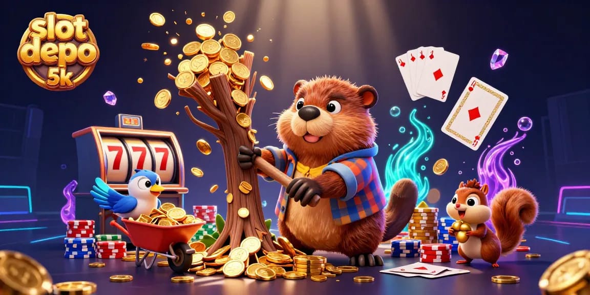Experience the thrill of slot depo 5k with this vibrant scene featuring rushing golden coins and lively characters.