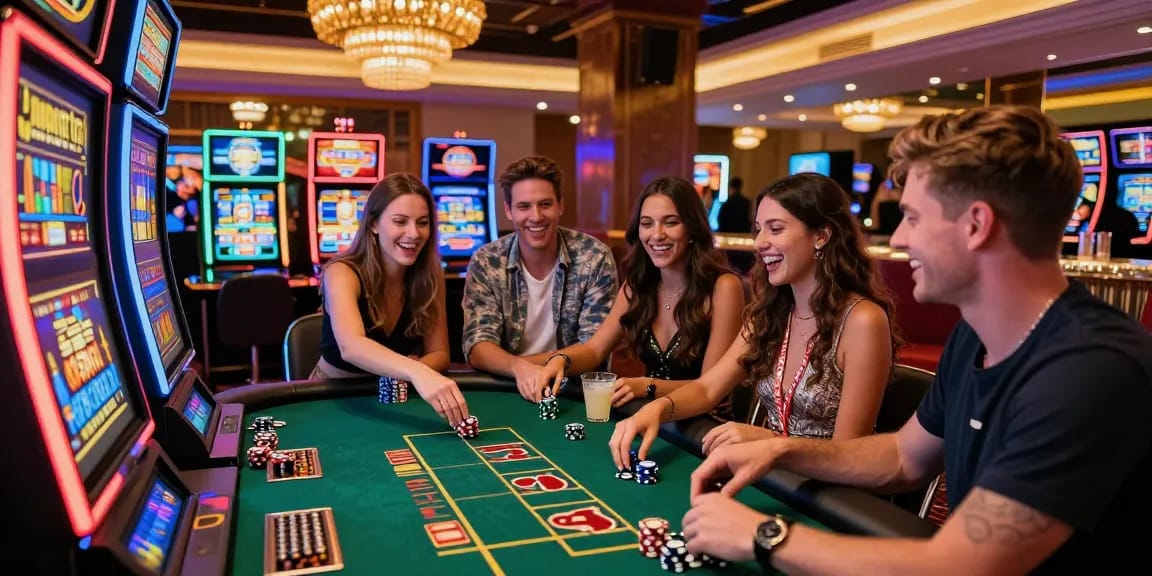 Friends celebrating a jackpot win at JPTOTO casino with flashing lights and vibrant atmosphere.
