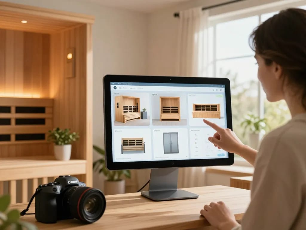 Engaging sauna configurator interface showcasing customizable designs and features in a serene wellness environment.