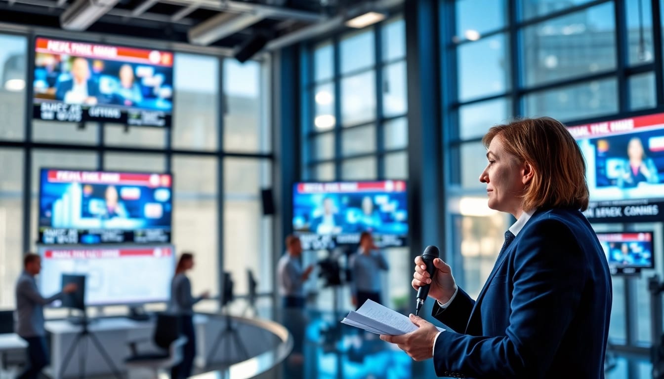 Engaged journalist interviewing in a modern newsroom for Usa Today.