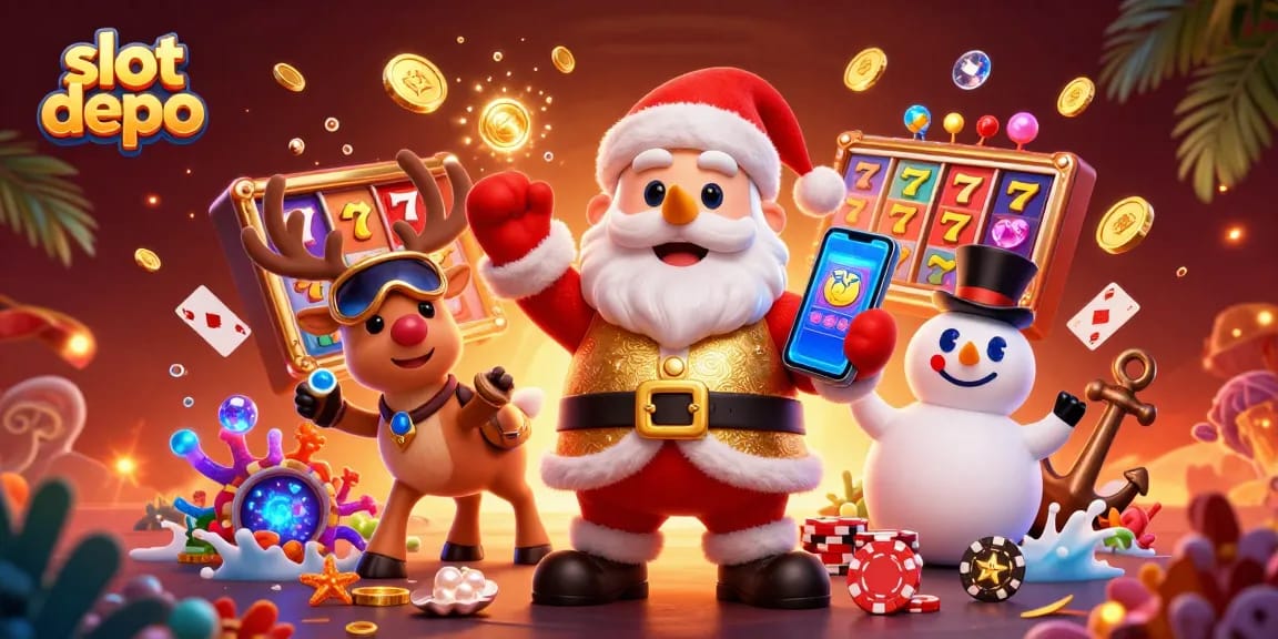 Experience thrill and excitement at slot depo with an engaging 3D casino scene featuring Santa and friends.