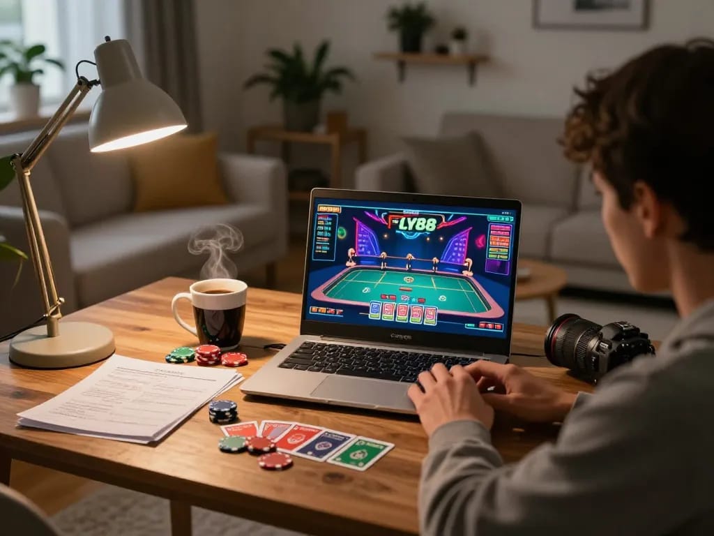 Engaging in online gaming on trang chủ FLY88, a player’s cozy setup with casino highlights.