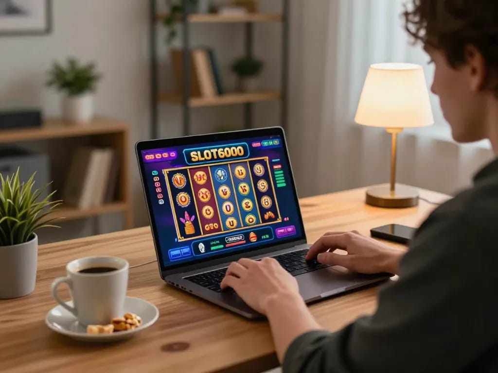 SLOT6000 player enjoying a thrilling gaming session at home with vibrant online slot display.
