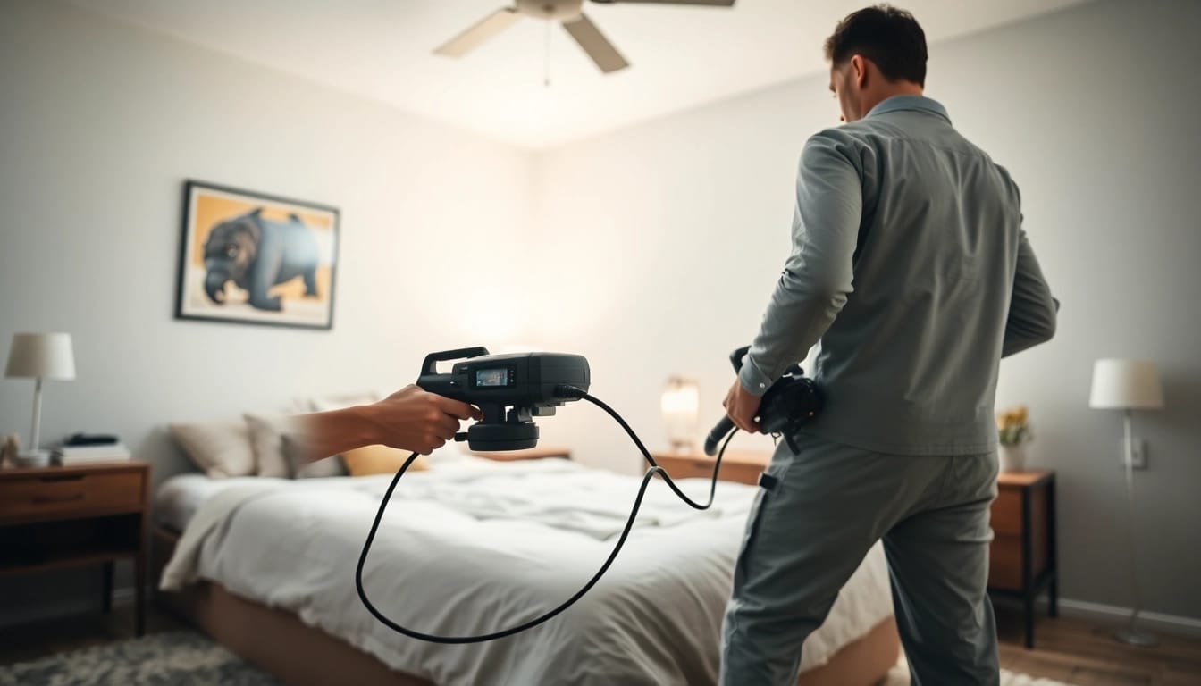 Efficient bed bug exterminator treating a home environment with expert techniques and modern tools.
