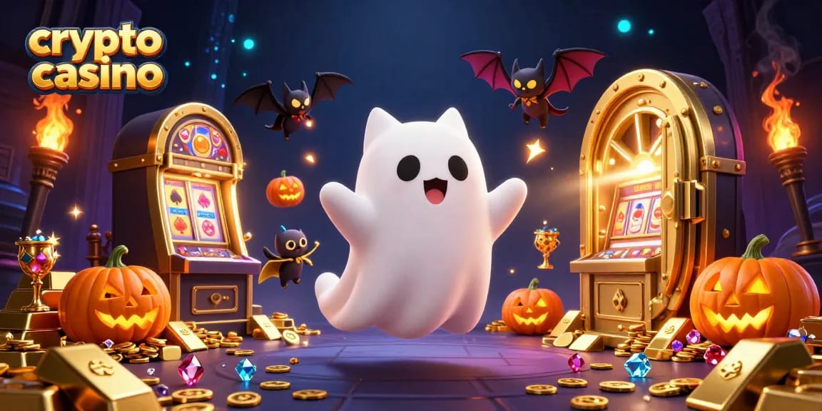 Scopri il mondo del crypto casino con un gatto fantasma e un pipistrello, circondati da tesori e vibrazioni vincenti.