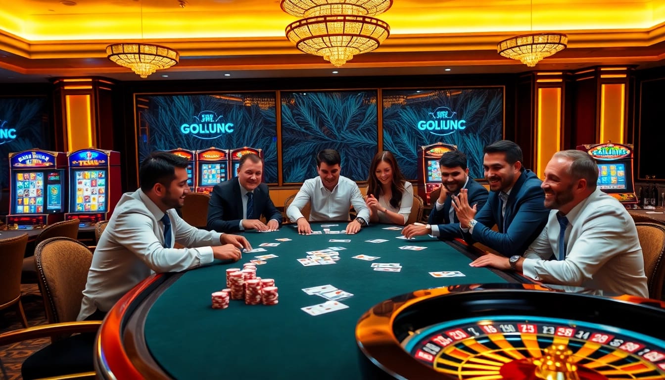 Jogoluck players strategizing at a glamorous poker table in a luxurious casino setting.