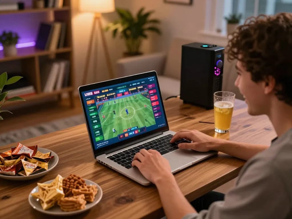 Excited individual placing bets on rr 88 during a sports event while enjoying a cozy gaming environment.