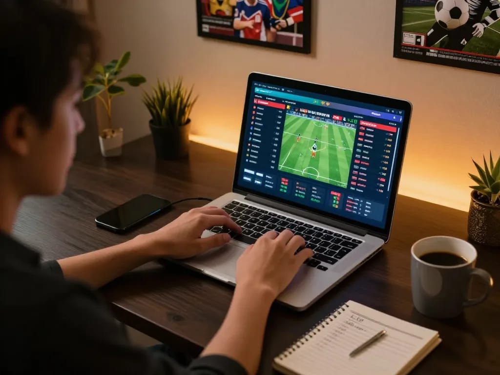 Bóng đá lu betting action displayed on a laptop screen in a cozy sports betting setup, showcasing dynamic odds and strategies.