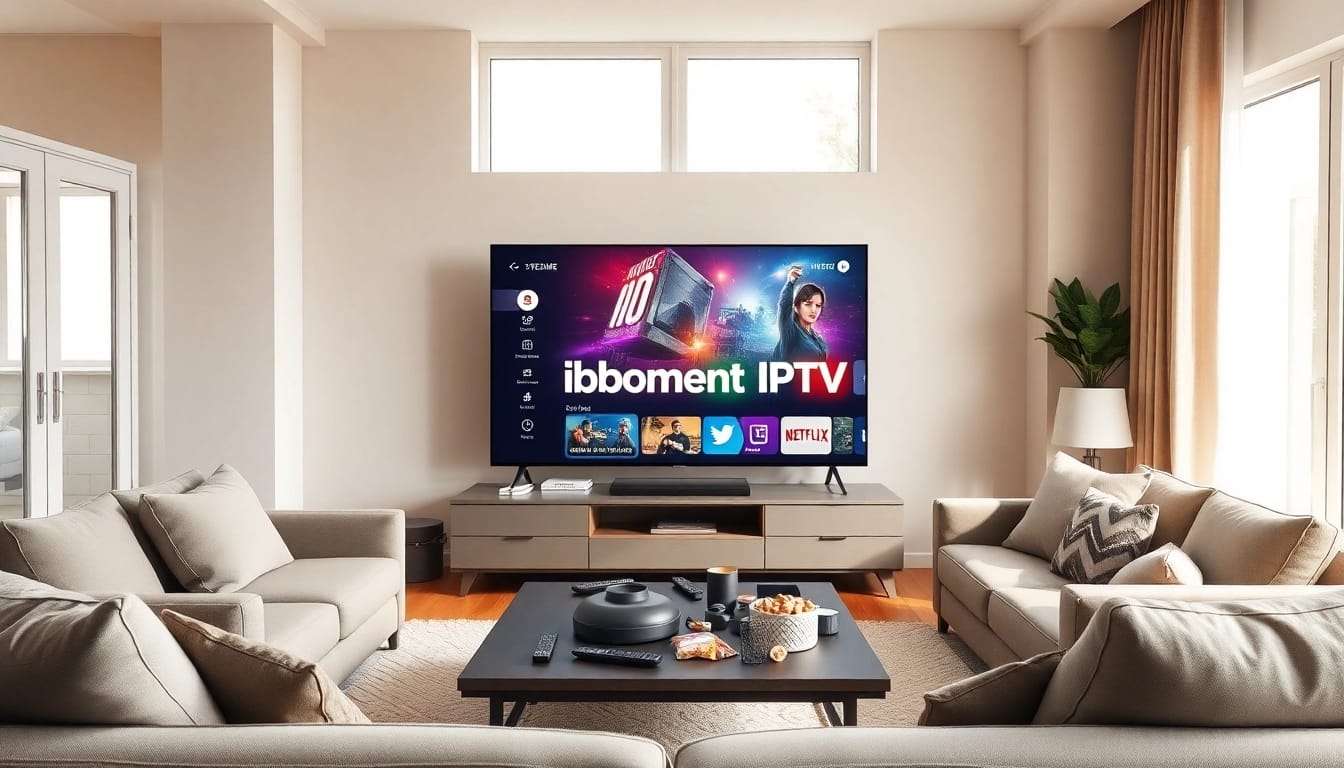 Abonnement IPTV displayed on a smart TV in a cozy living room setting, showcasing vibrant streaming options.