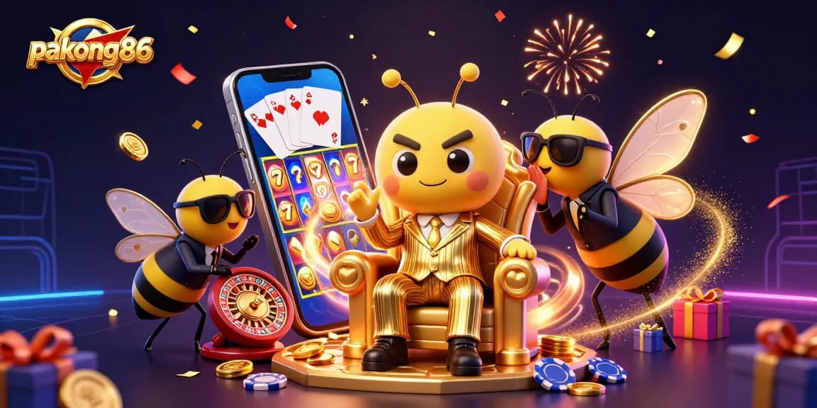 pakong86 buzzes with excitement amidst a vibrant casino scene featuring slots, poker, and confetti.