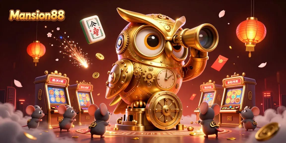 Mansion88 offers an exciting casino experience with vibrant animations, featuring a golden owl and lively patrons.