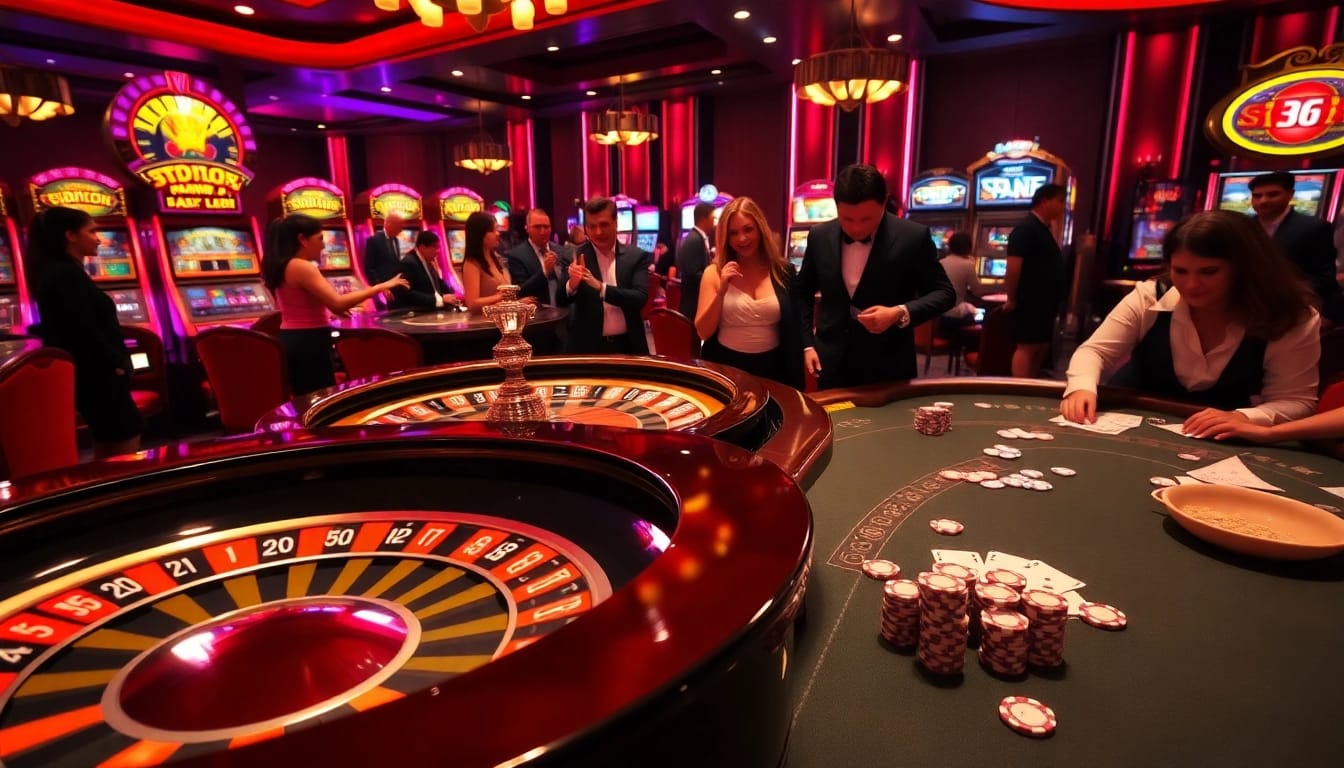 SODO casino experience showcasing players at roulette and poker tables in a luxurious environment.
