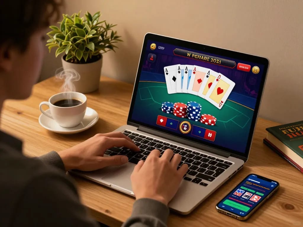 Engaged player strategizing at https://13win-asia.com/ during an online blackjack session with laptop and coffee.