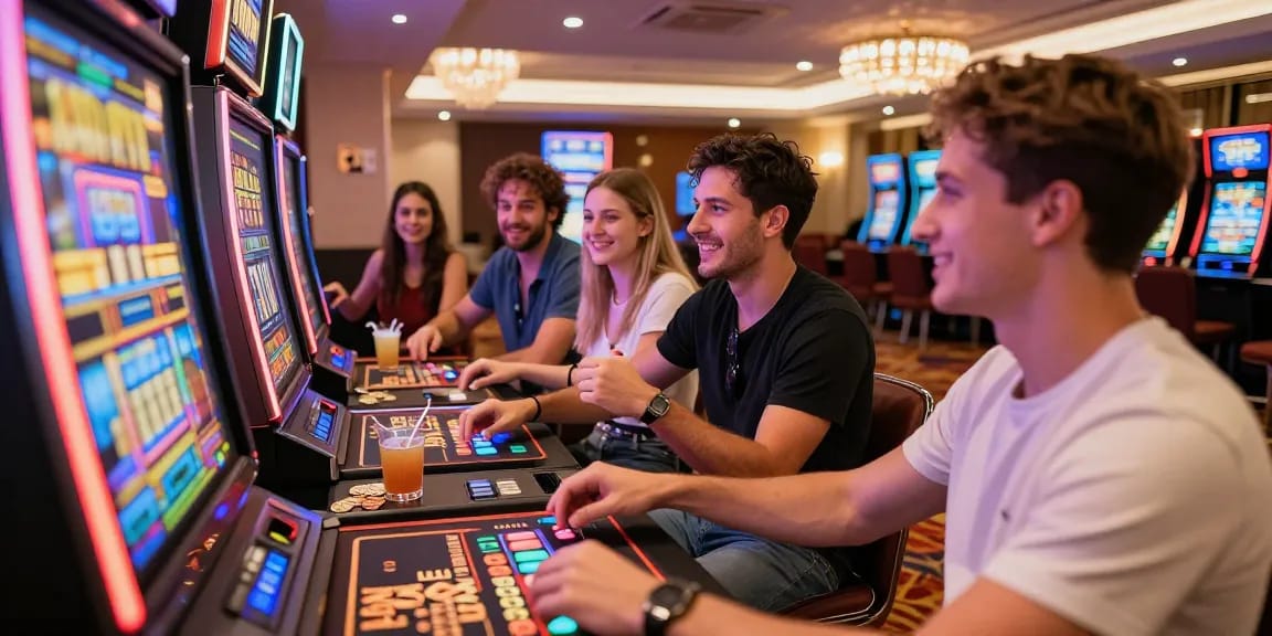 Friends enjoying the excitement of slot depo 5000 gaming in vibrant casino atmosphere.