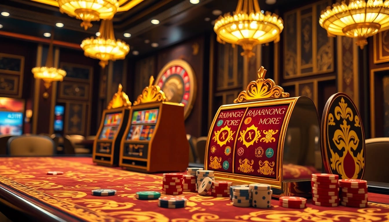 Experience thrilling gameplay with RAJABARONG-themed slot machines in a lavish casino setting.