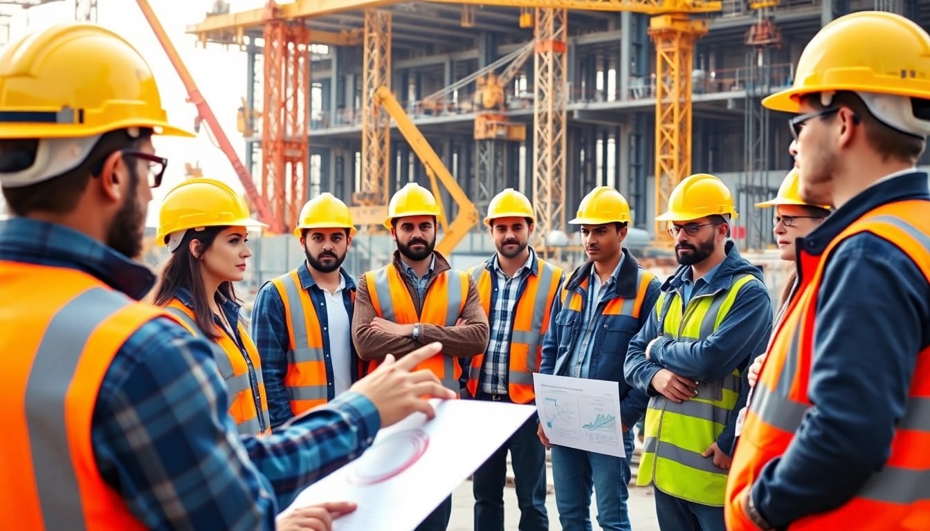 Construction safety training session with diverse workers in hard hats and safety gear.