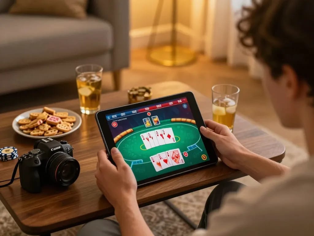 Player enjoying poker on TG88 app, demonstrating engaging home gaming atmosphere, cozy and inviting.
