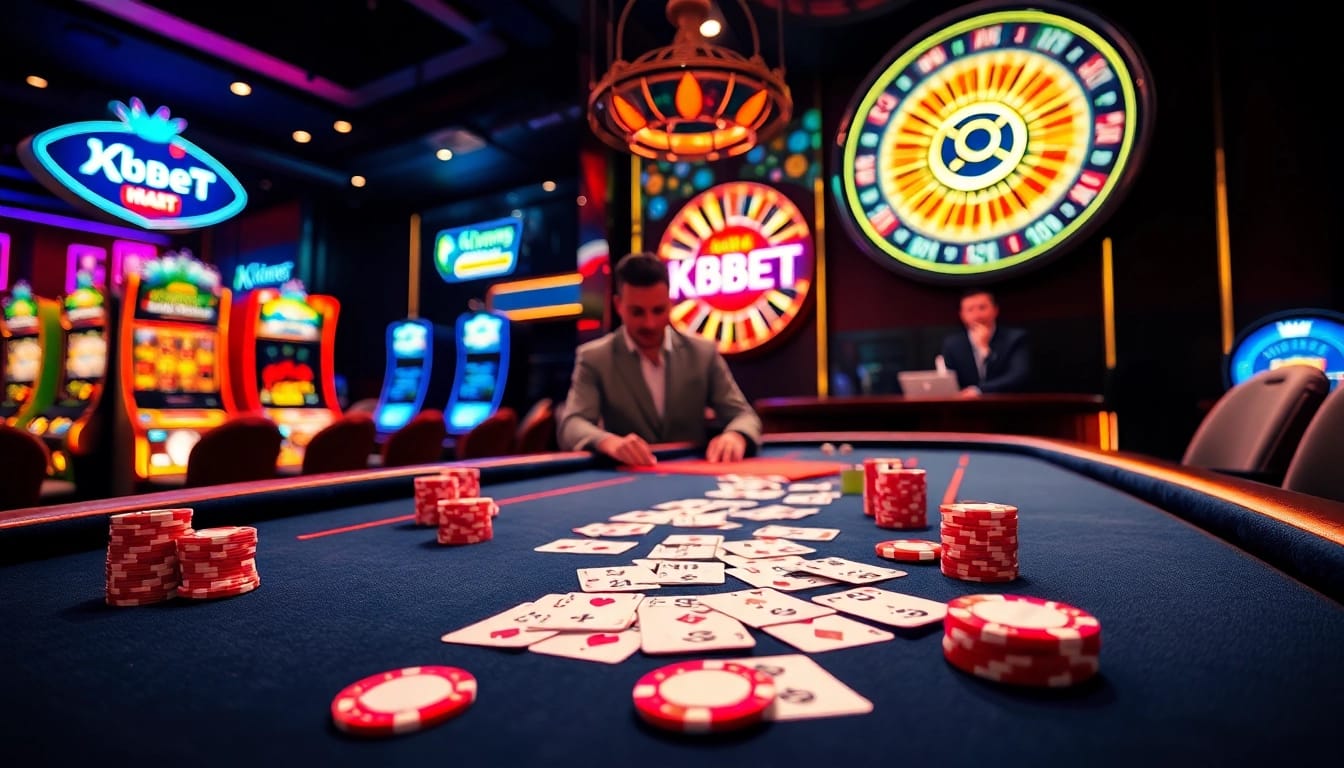 KBBET showcasing a high-roller table with colorful chips and cards in an elegant casino setting.