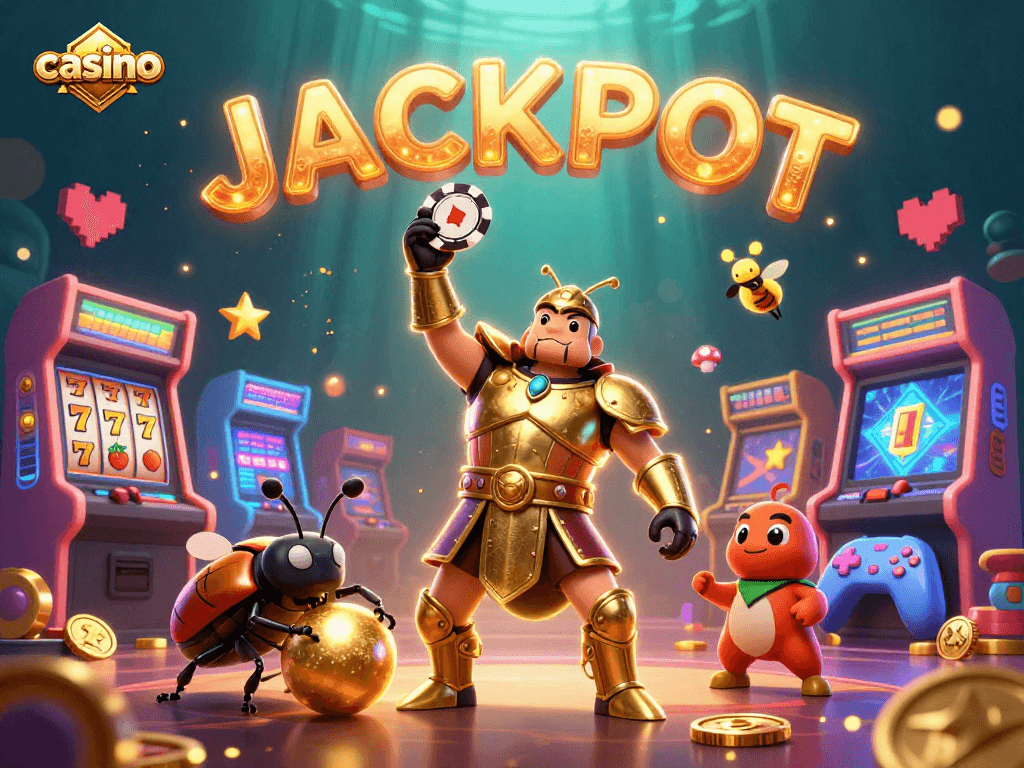 Engage with the casino world as a triumphant beetle celebrates winnings under glowing slot reels.