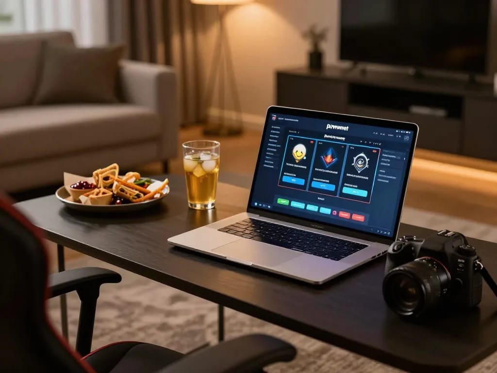 Engaging player enjoying powernet slot on laptop in a cozy living room atmosphere