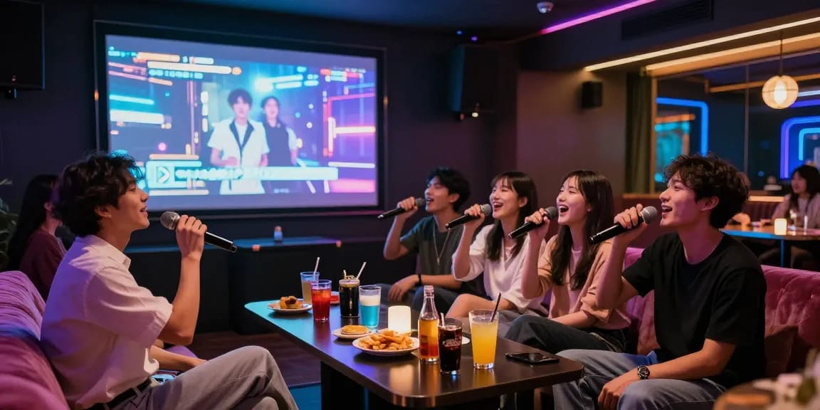 강남가라오케에서 친구들과 노래를 부르며 즐기는 활기찬 밤의 모습