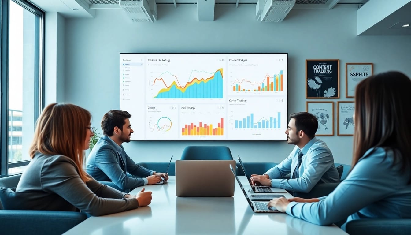 Visualize team strategizing using a content tracking tool to improve marketing efforts.