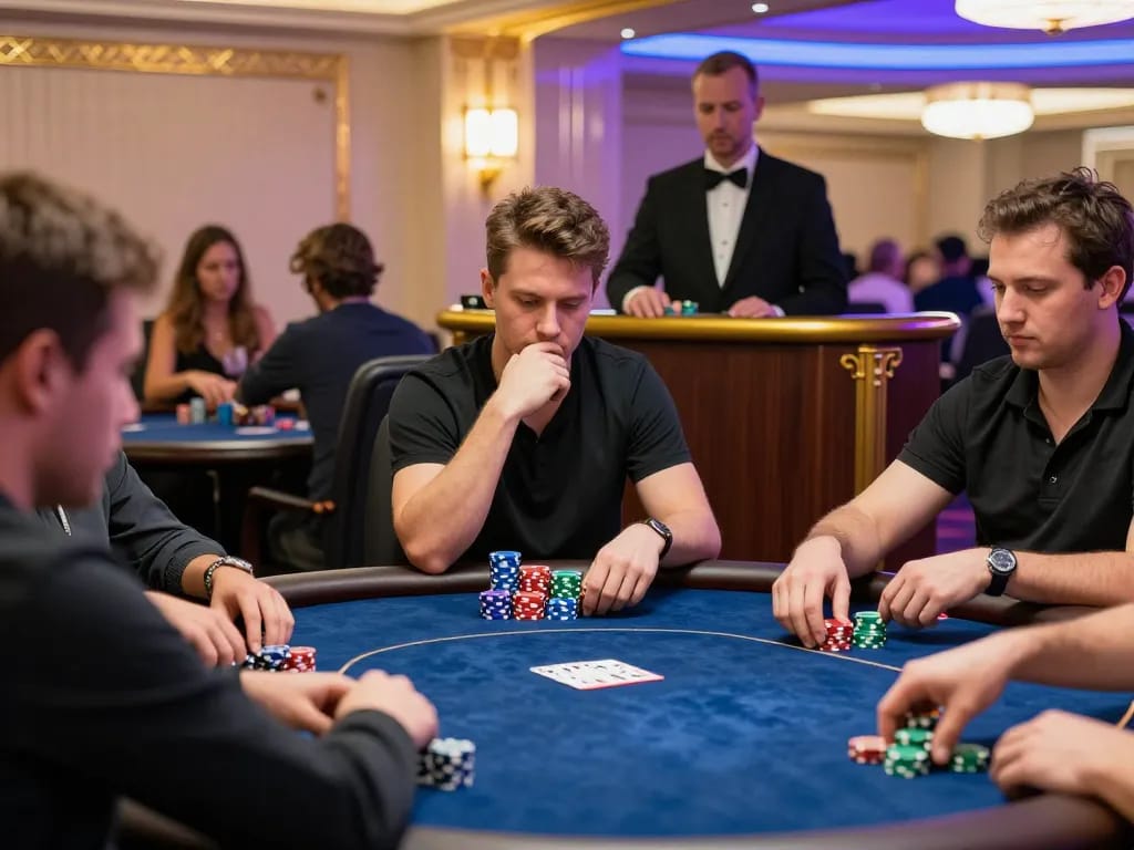 Engaged players strategizing their poker moves in MMOO casino environment.