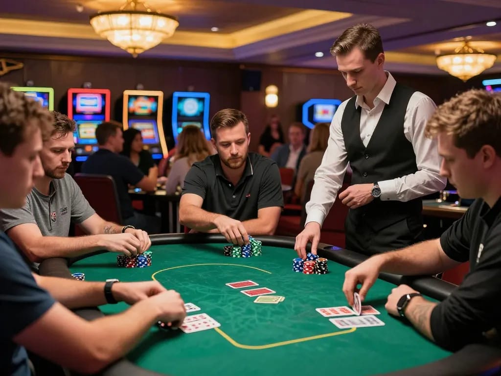 Manclub engaging players in a live poker game at an upscale casino filled with chips and excitement.