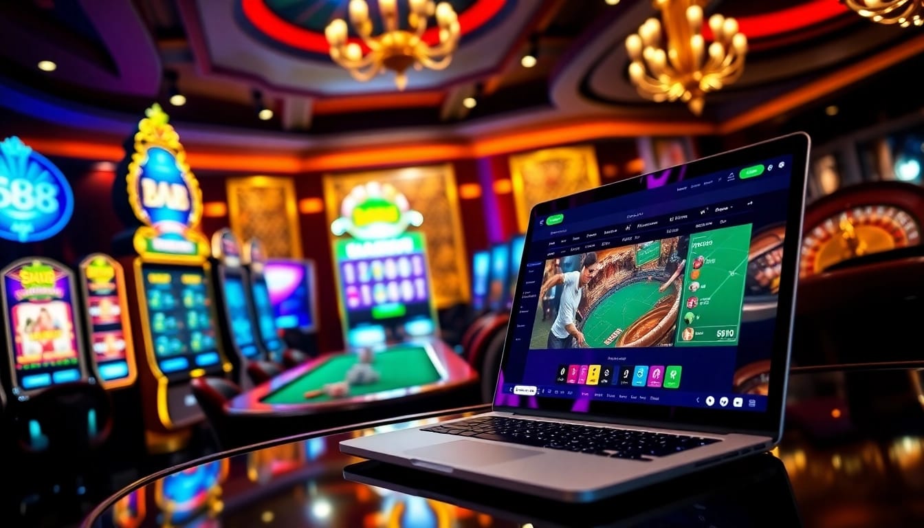 U888 players engaging with exciting casino games and sports betting in a luxurious setting.
