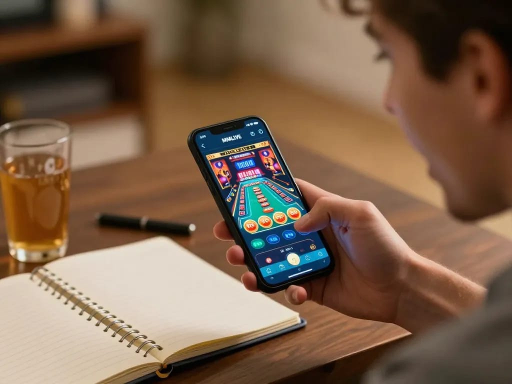 MMLIVE user enjoying dynamic online gambling experience with smartphone in cozy home setting.