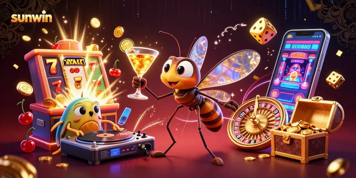 Experience the excitement of sunwin with a vibrant 3D casino illustration featuring dynamic characters and elements.