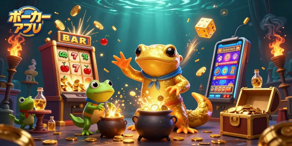 ポーカーアプリで金貨を得るために奮闘するサンショウウオアルケミストたちの興奮シーン