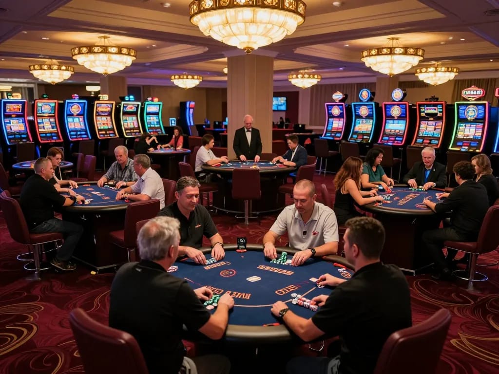 Players enjoying a vibrant gaming atmosphere at Nhà cái 789bet, showcasing lively poker games and luxurious casino decor.