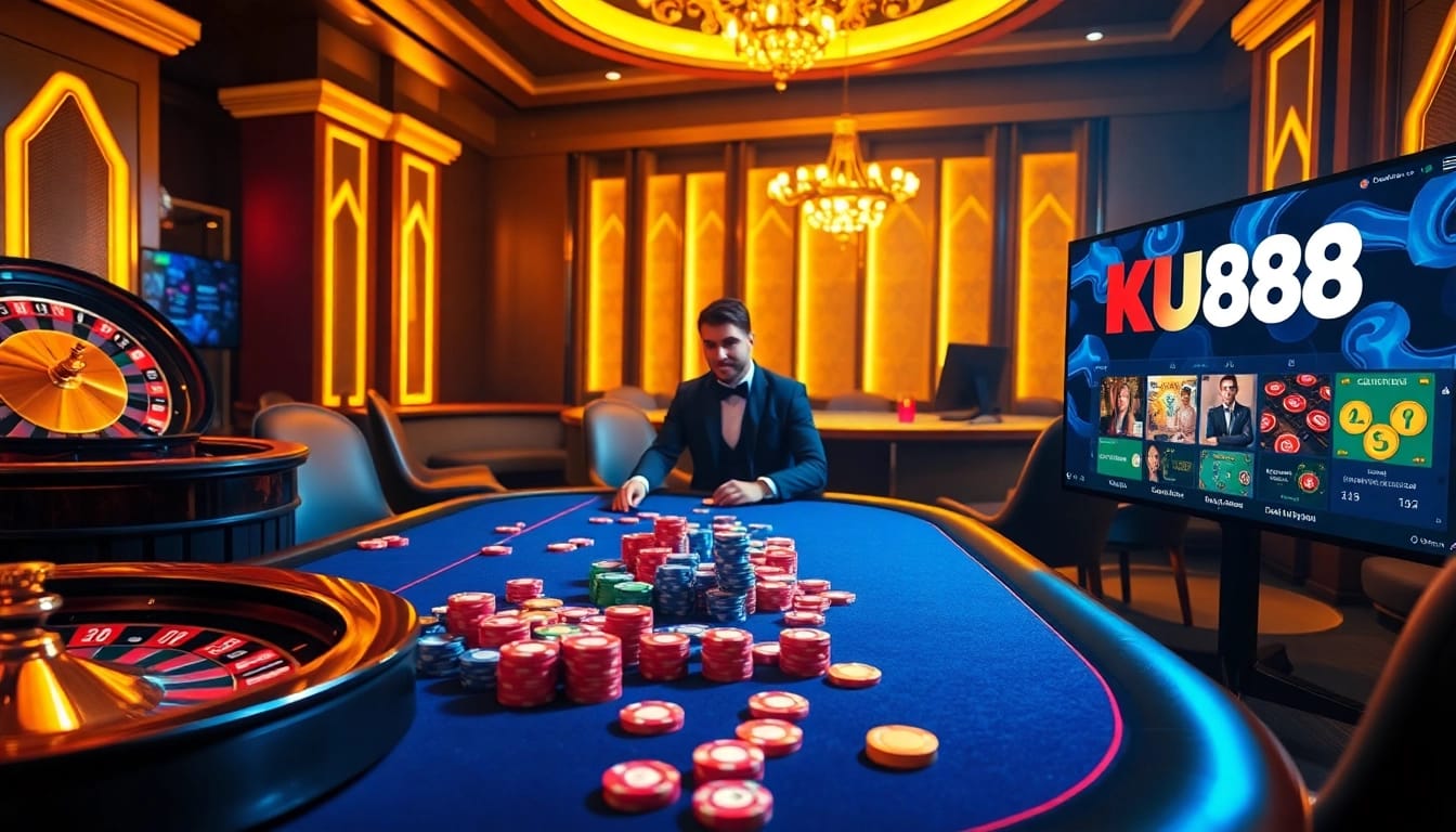 Players enjoying a poker game at KU88 casino, featuring colorful chips and an exciting atmosphere.