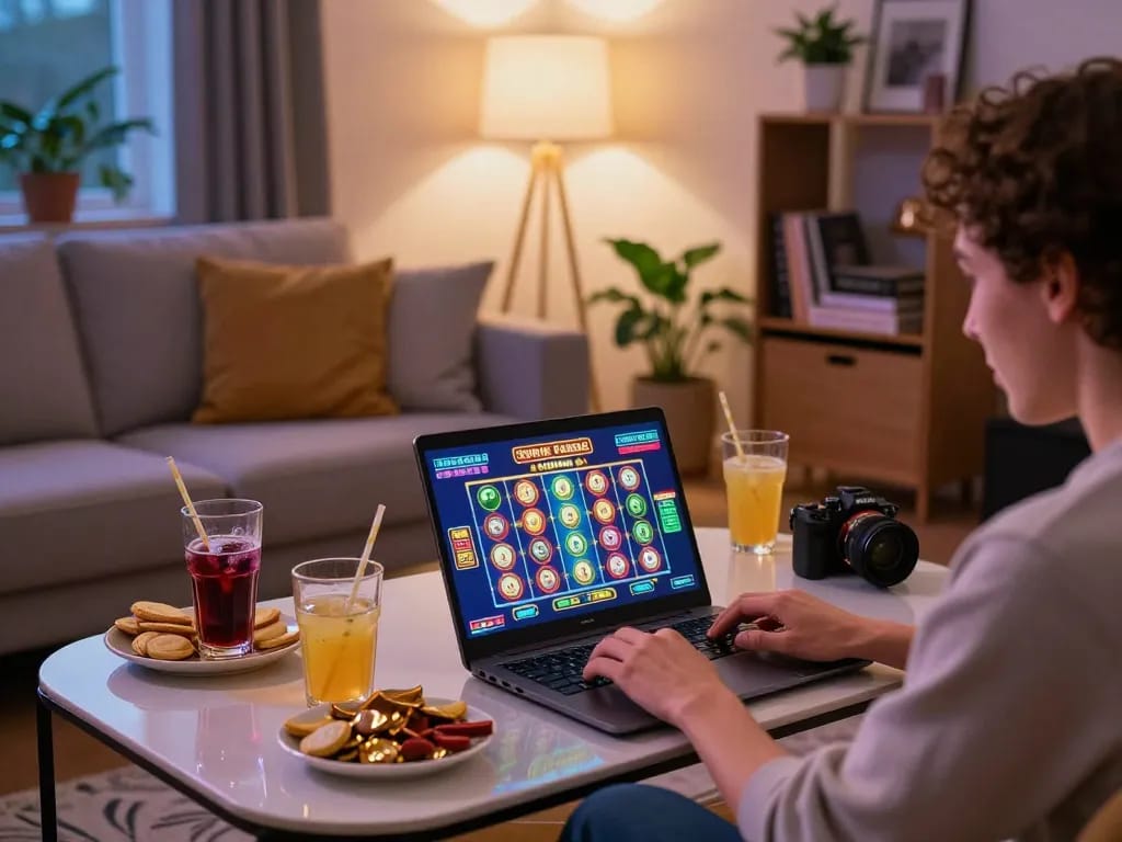 Enjoying gameplay at spin panda casino online with a laptop setup, showcasing excitement and strategy.