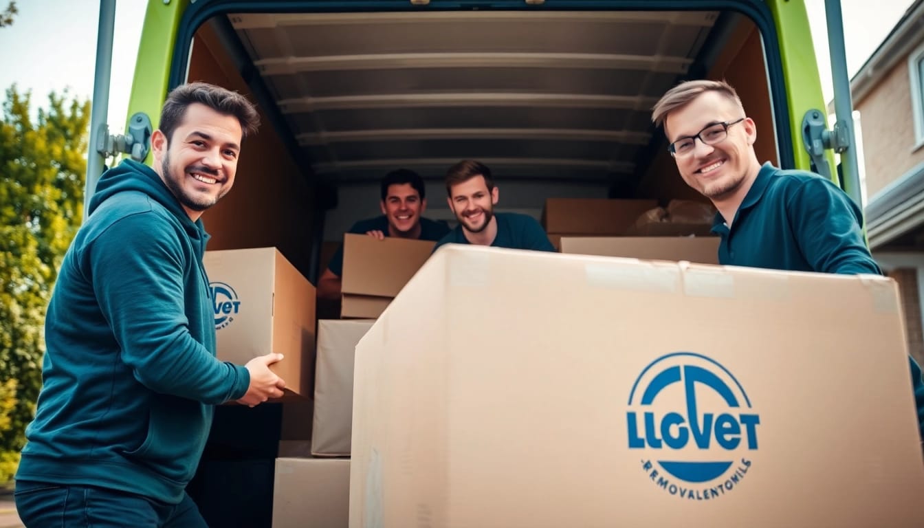 Professional team from a removals company Cheltenham loading boxes into a moving van.