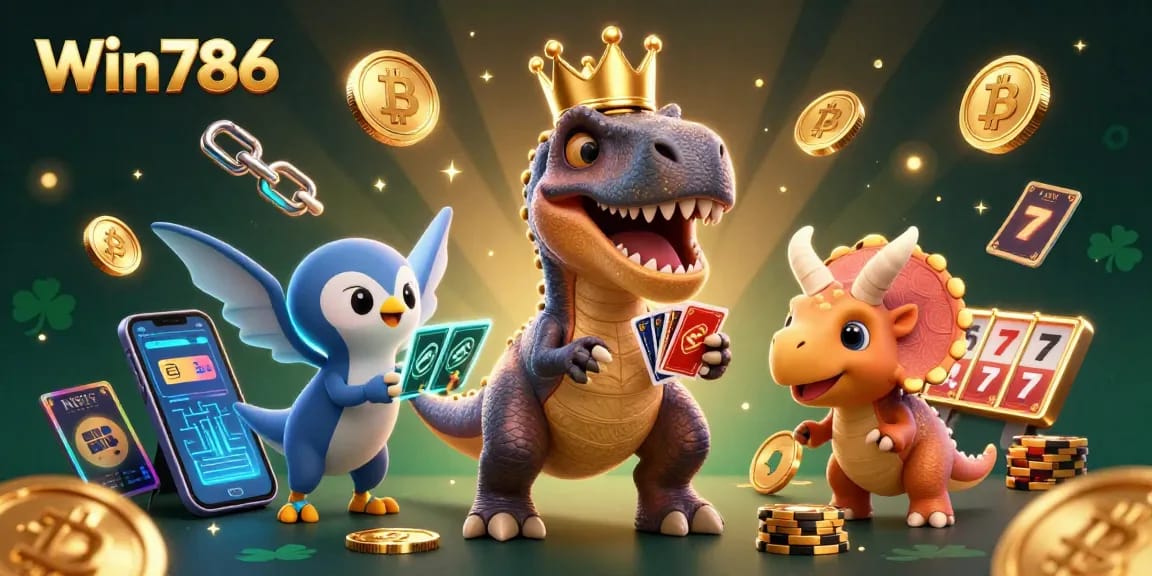 Engage with excitement on Win786 featuring friendly dinosaur characters and vibrant casino elements.