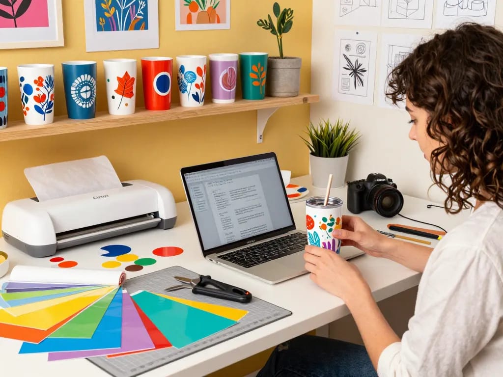 Artist creating a vibrant tumbler design using an svg bundle in a lively craft room