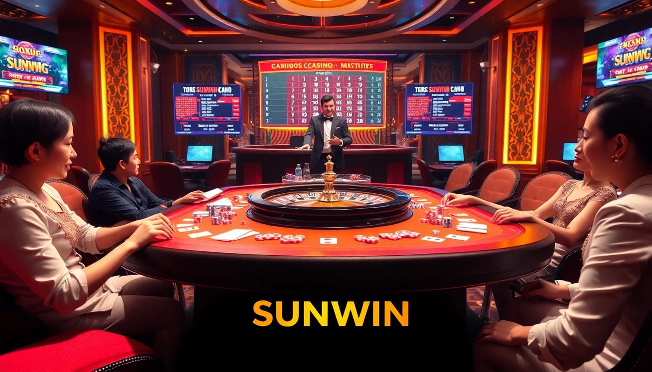 SUNWIN players eagerly betting at a luxurious casino table with vibrant poker chips and cards.