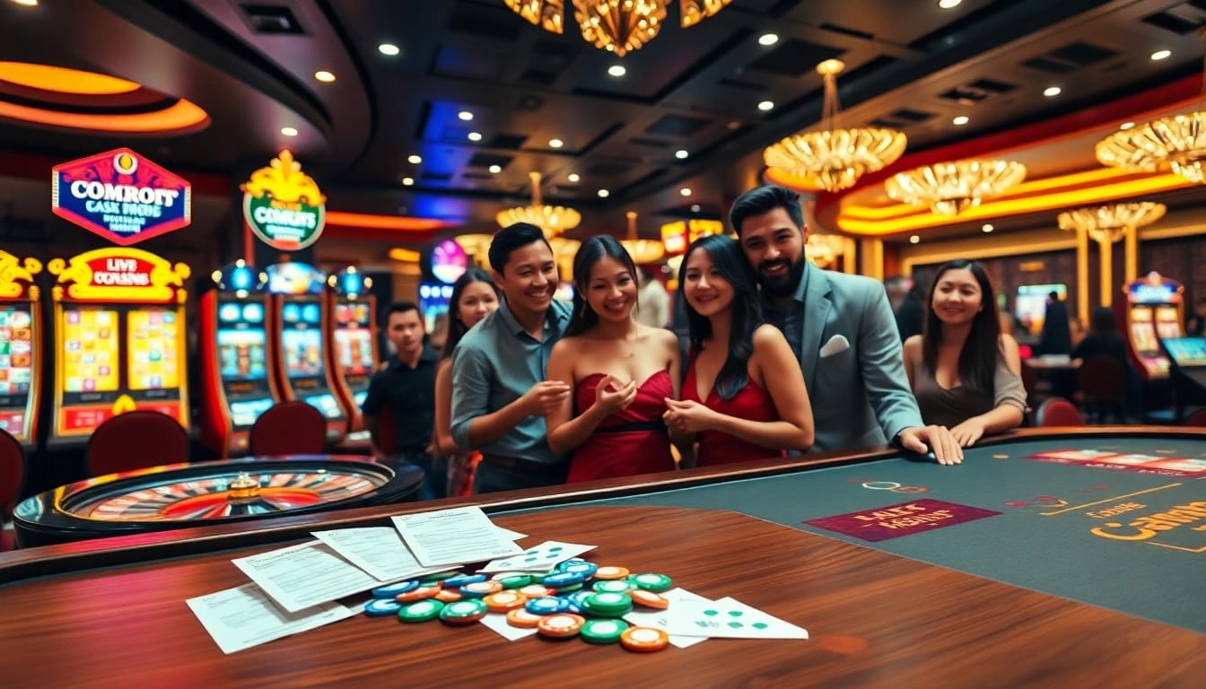 Excited players place bets at a luxurious gg88 casino with vibrant slot machines and a roulette table.
