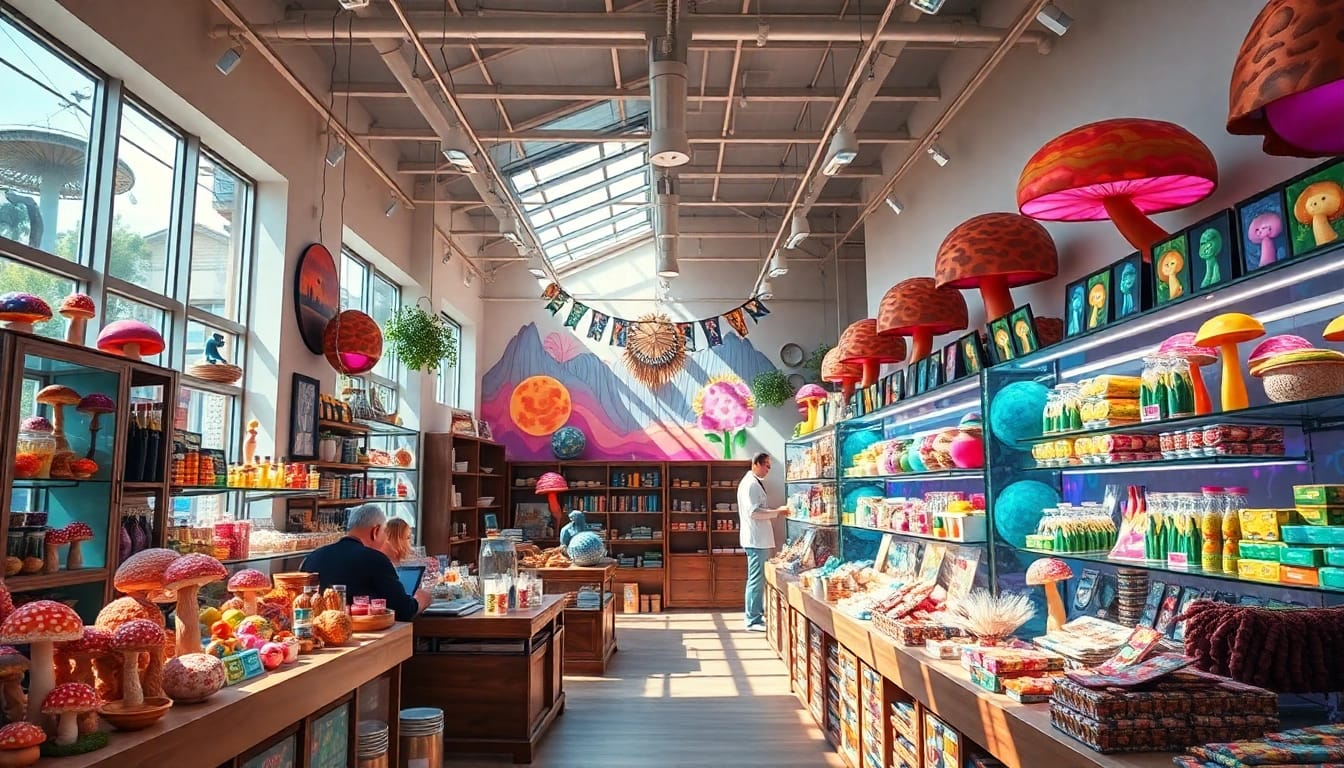 Psychedelicschemstore showcasing a colorful display of psychedelic products in a vibrant atmosphere.