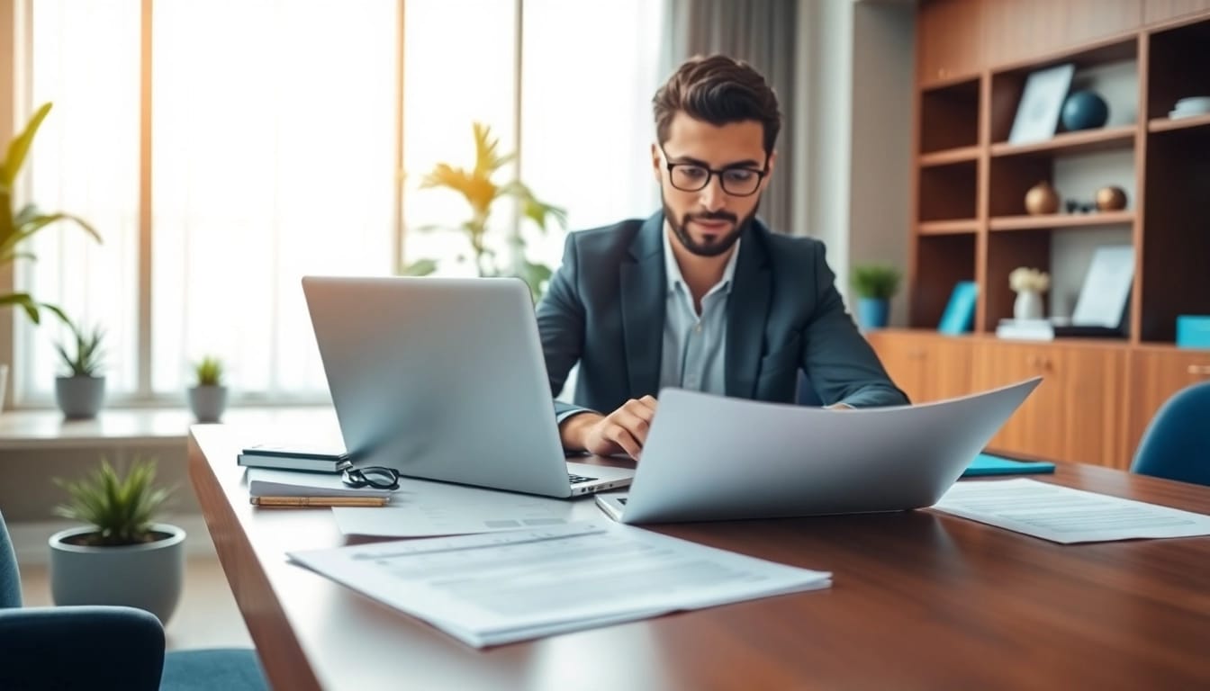 Communicator writing a press release document while focused in a modern office workspace.